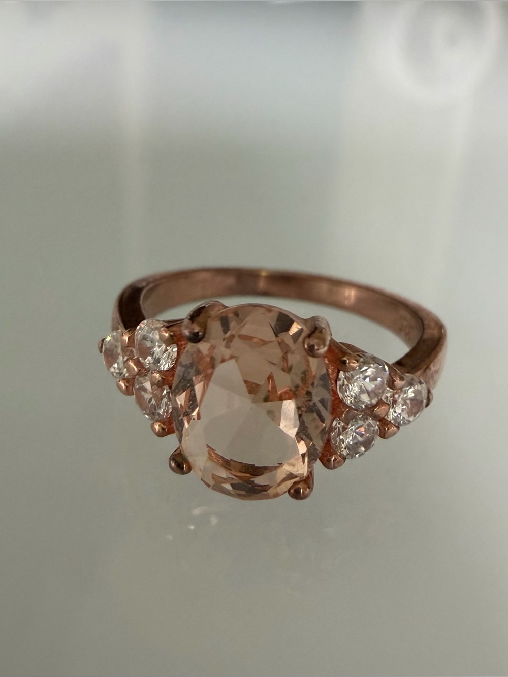 Vintage Rose Gold Morganite, Cubic Zirconia Statement Ring - Peach Pink color.